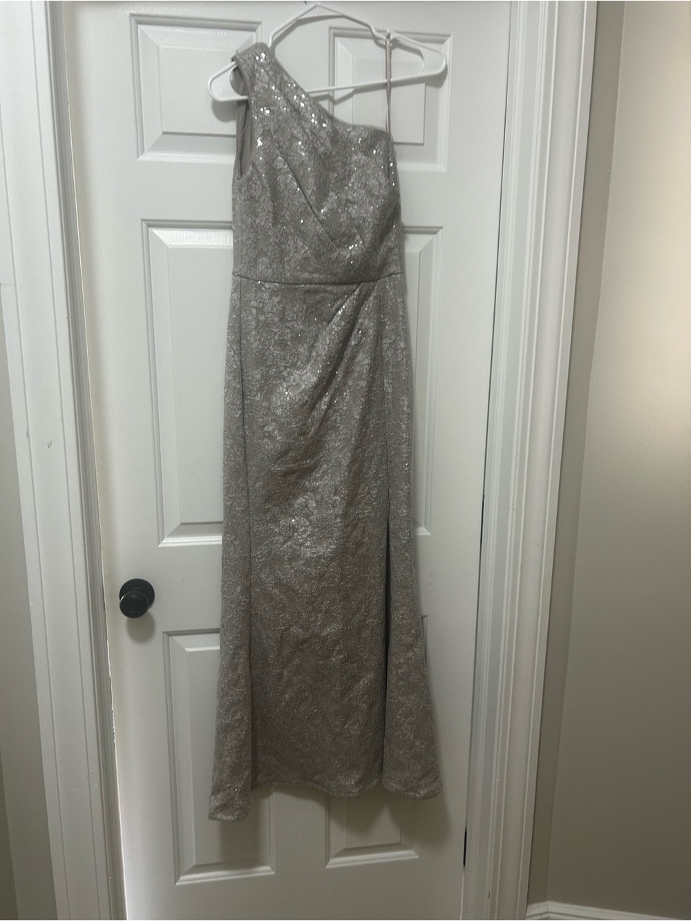 Adrianna Papell Silver Metallic Jacquard One Shoulder Gown